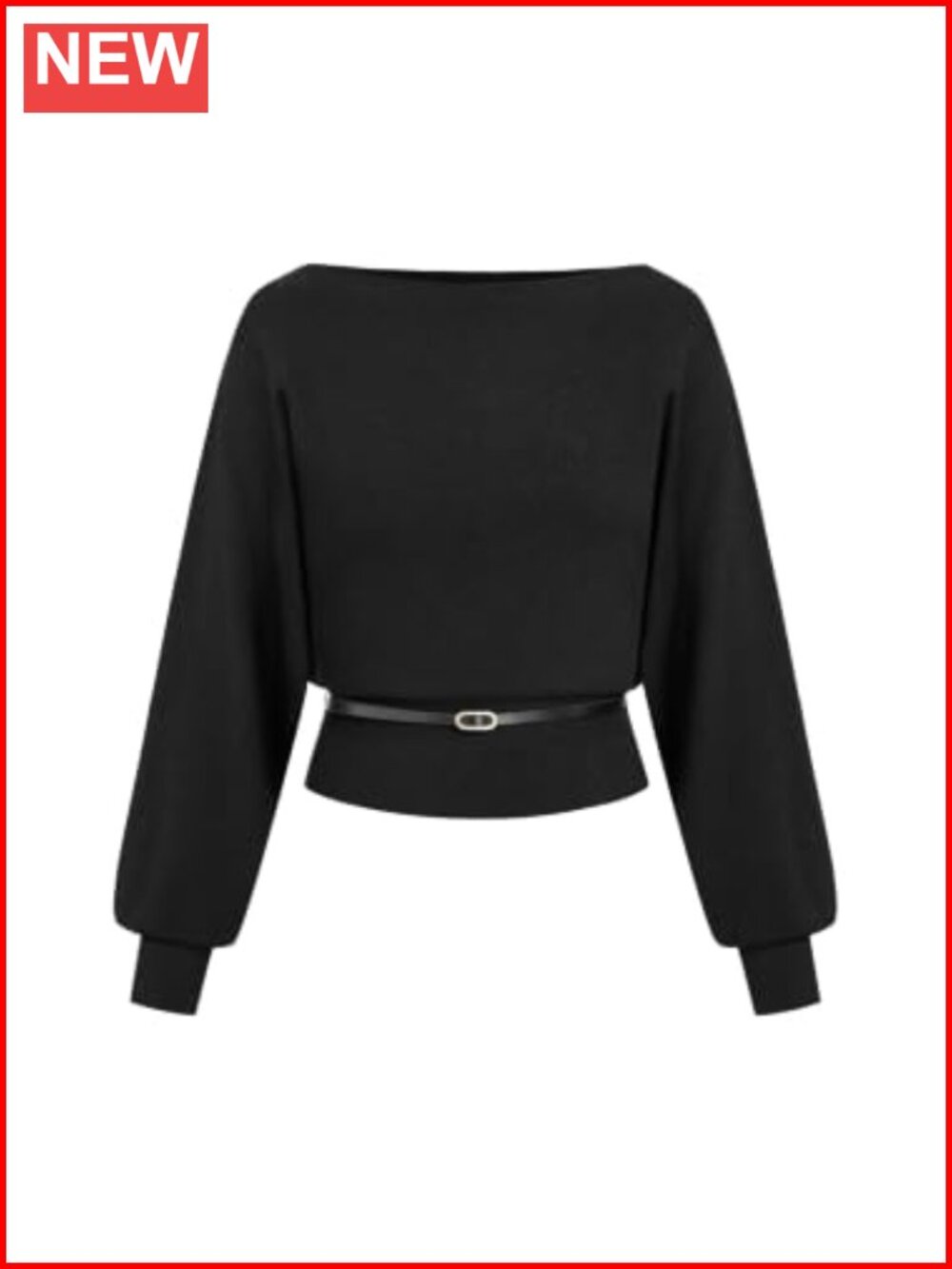 Cropped Knit Sweater Boat Neck Belted Pullover Long Sleeve